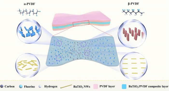 The schematic diagram of microstructure evolution to achieve performance enhancement in stretched dielectric composites