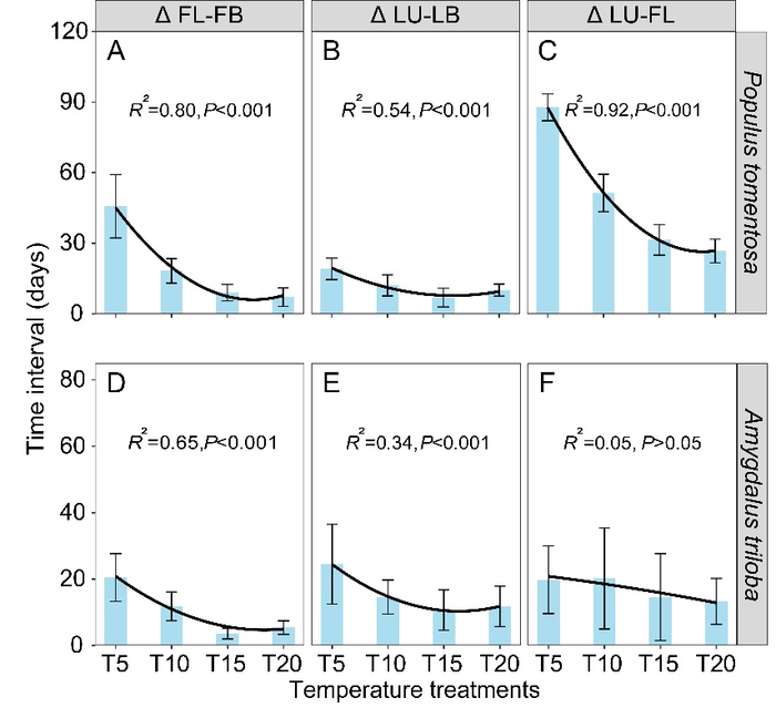 Time intervals under different temperature treatments for Populus tomentosa and Amygdalus triloba