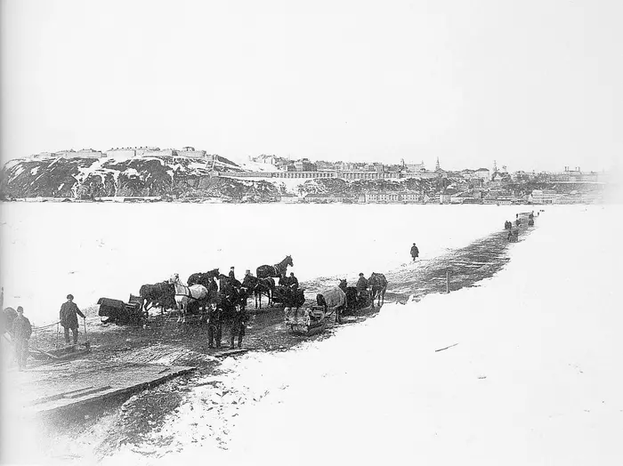 The ice bridge on the St. Lawrence river between Québec and Lévis, Quebec, Canada, in 1892