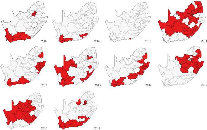 District/metropolitan municipalities impacted by state of disaster declaration according to South African Gazette between 2008–2017.