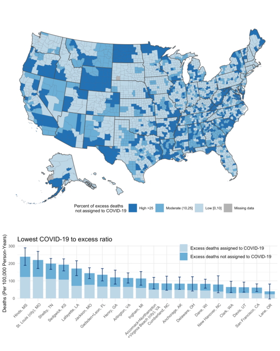 Underreported COVID deaths - county map