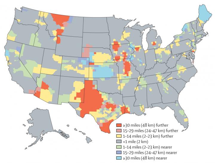 Figure 3 Change in Median Distance to the Nearest Abortion Provider by County