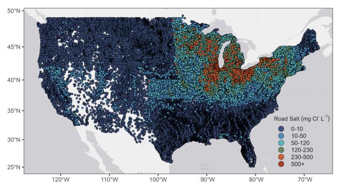 The model’s predictions for where road salt concentrations will stabilize