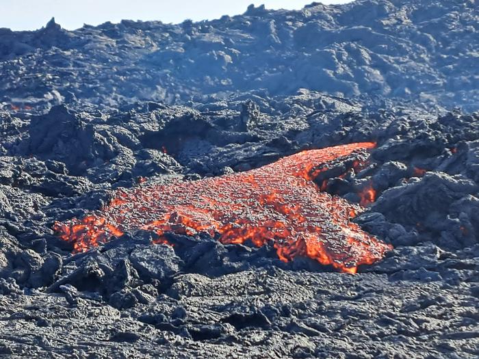 Lava breakout from thick lava pile near Sundhnúkur vent in April 2024.