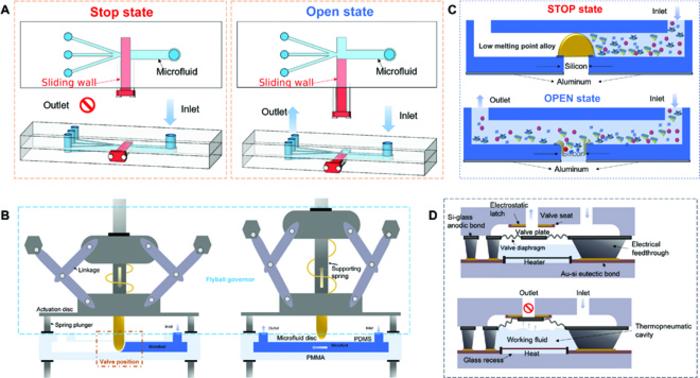 Active microvalves and passive microvalves in microfluidic chips.