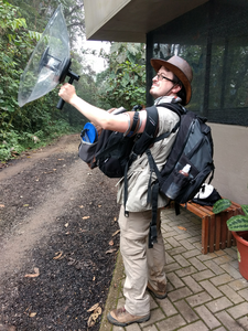 Carlos Antonio Rodriguez-Saltos with birdsong recording equipment in Ecuador