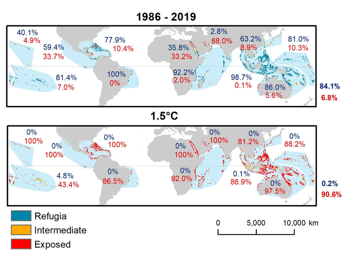 Global distribution of exposure category in the 1986–2019 climate and at 1.5°C of future global warming.