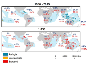 Global distribution of exposure category in the 1986–2019 climate and at 1.5°C of future global warming.