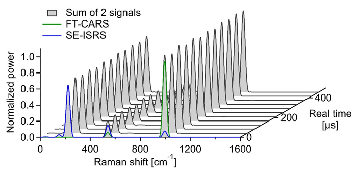 DIVS enables THz–fingerprint Raman spectra (grey trace) at an ultrafast real-time spectral acquisition rate of 24,000 spectra/sec.
