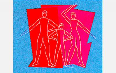 Illustration of a Man, Woman and Child on a Red Polygon with Blue Margin