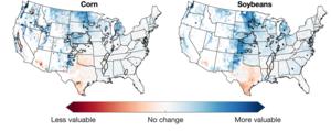 U.S. map of projected change in crop irrigation value for corn and soybeans by the middle of the 21st century