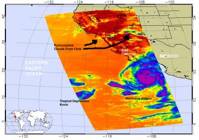 Jimena, Kevin and Pyrocumulus Clouds from California Fires