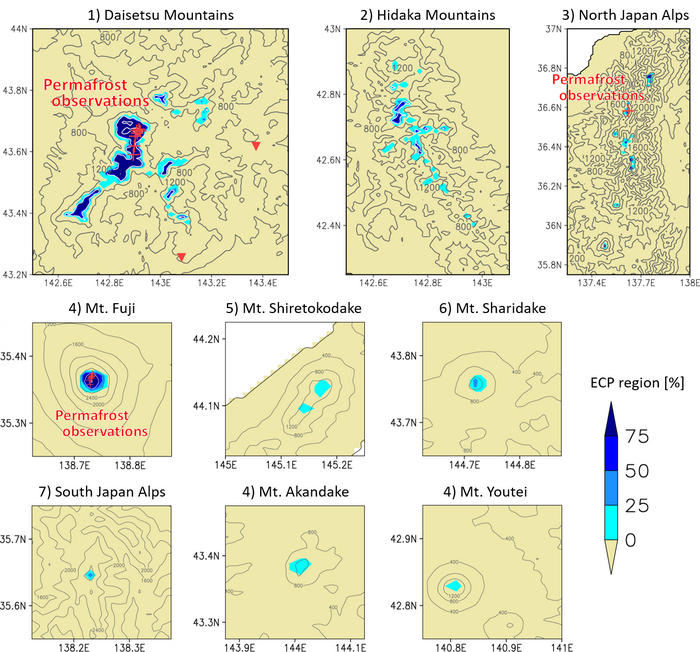 Fig.1 Distribution of regions with surface air temperatures that favor the maintenance of permafrost in Japan under the current climate conditions