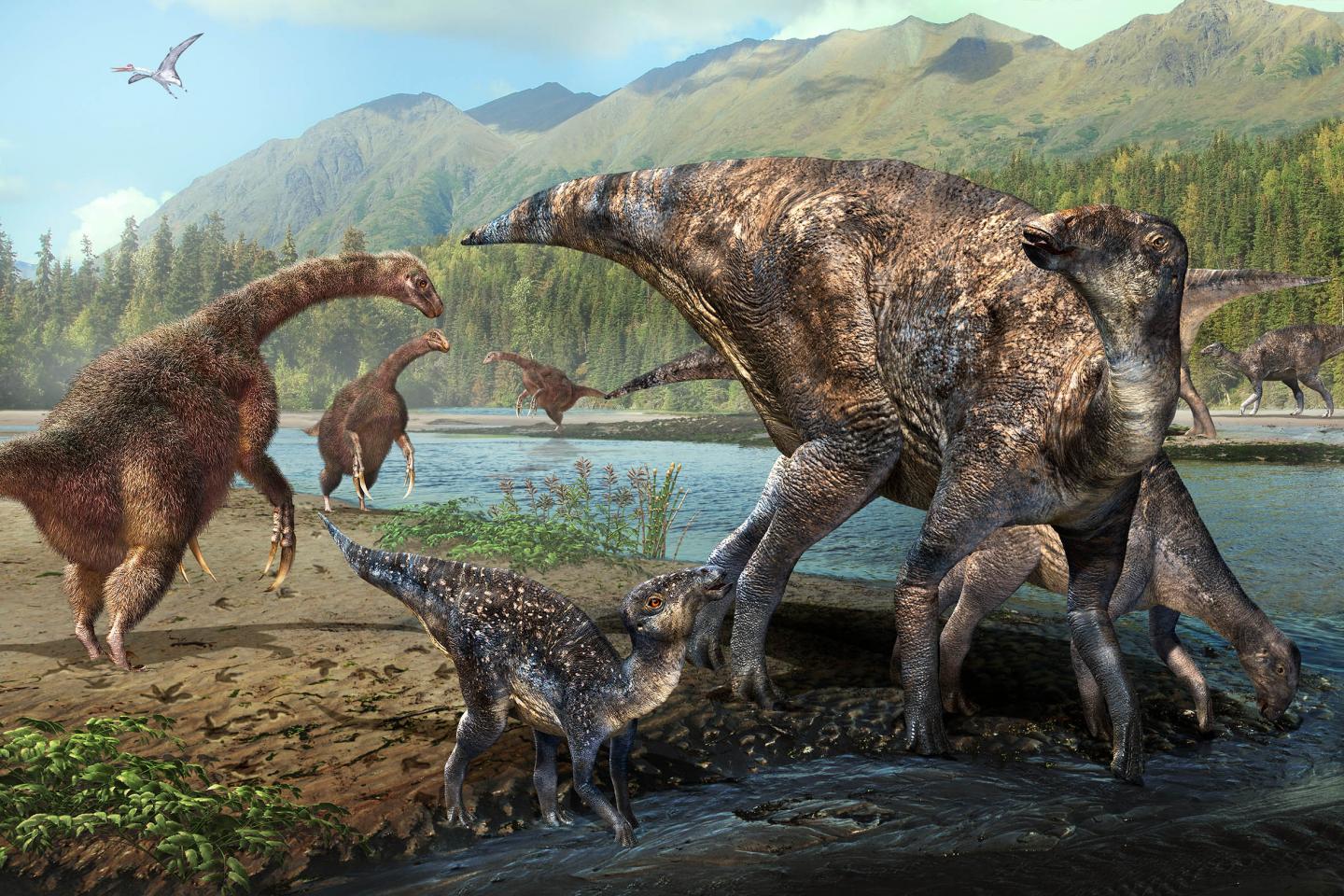 Therizinosaurs and Hadrosaurs at Alaska's Denali National Park during the Cretaceous Period