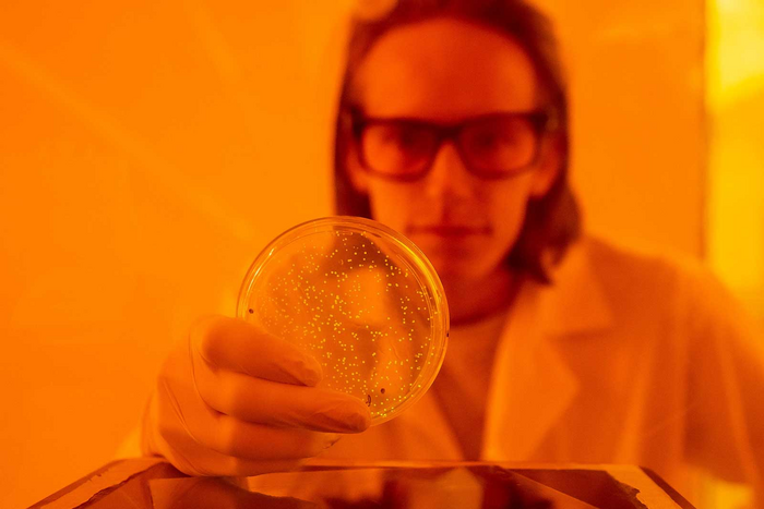 Maxwell Hunt holding glowing E. coli