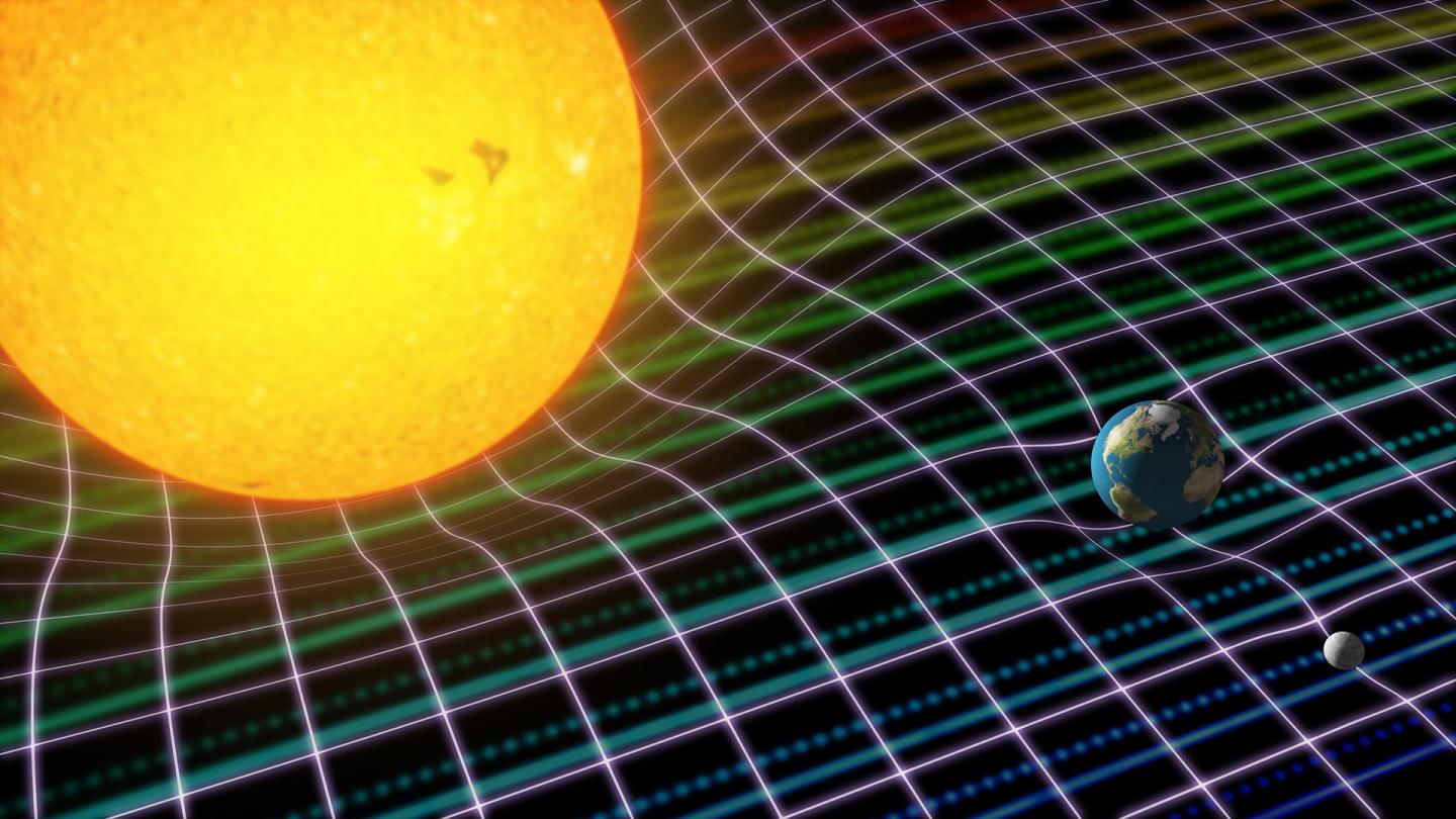 Artistic Representation of the Sun, the Earth and the Moon with the Space-Time Curvature of Einstein