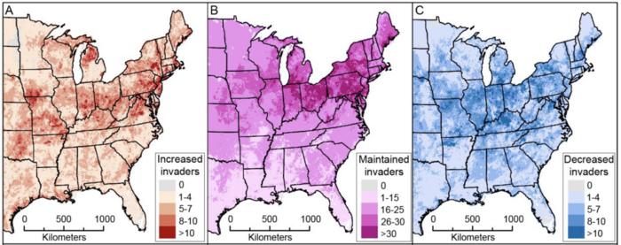 The number of invasive plant species across the eastern United States that (a) increase, (b) are maintained, or (c) decrease abundance habitat with +2°C climate warming.