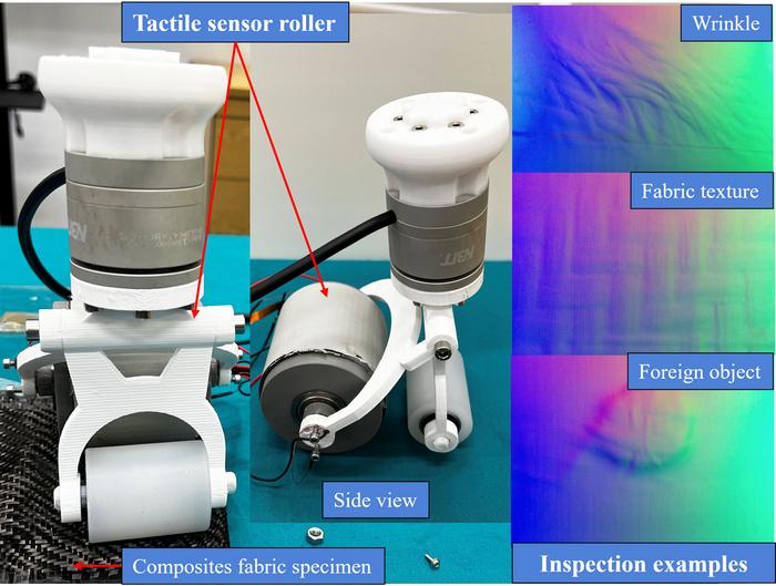 In order to detect defects in the surfaces of dry fabric and composite prepreg, this new vision-based tactile sensor roller prototype, TacRoller, is a three-colour reflective membrane roller-shape sensor. This new tactile sensor is anticipated to enhance