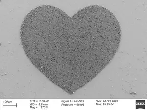 AFM image of microparticles controlledly printed in the shape of a heart icon. The scale is 100 µm, which is a hair thickness