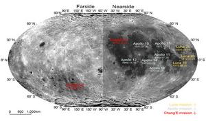 The Topographic Map illustrates the landing sites of the Chang'E Missions, Apollo Missions, and Luna Missions.