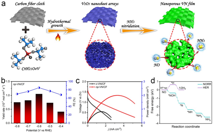 Nanoporous VN film is designed as an efficient NO reduction reaction (NORR) catalyst toward ammonia electrosynthesis.