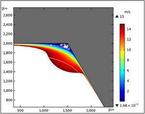 Fig. 14. Streamline plot and cloud map of corner vortex on the central longitudinal section. Flow with velocity higher than 15 m/s is filtered off.