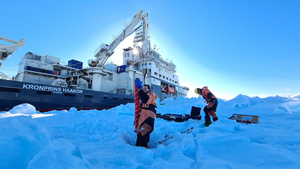 Measuring the thickness of sea ice in the Arctic.
