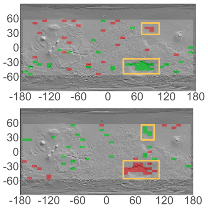 Global map of Mars with overlaid topography indicating areas with significant seasonal variations in hydrogen content during northern spring (top) and fall (bottom).