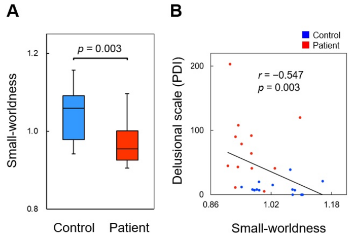 Figure 2. Small-worldness of semantic brain networks and correlation with delusional severity