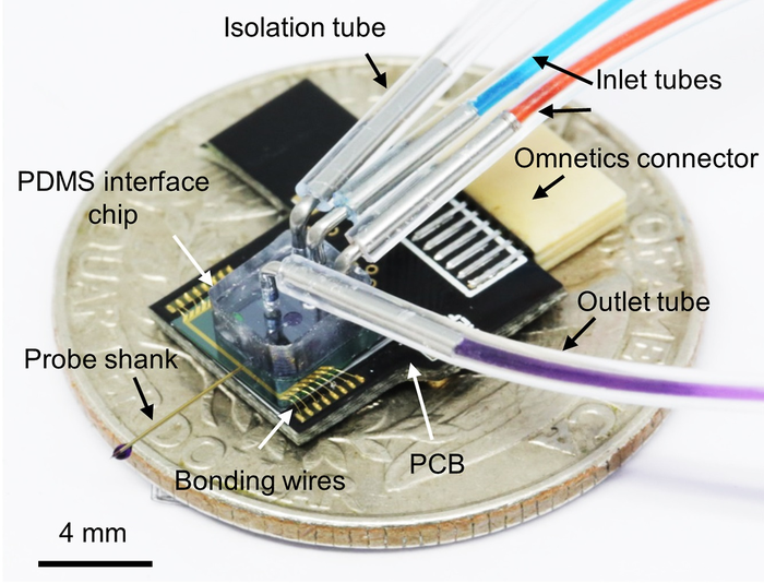 Optical picture of the packaged bimodal MEMS neural probe.