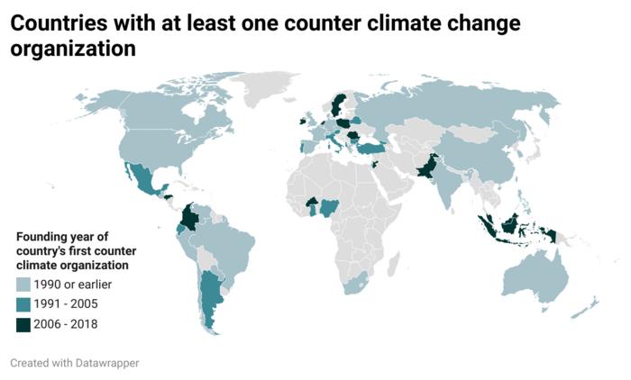 Globalizing opposition to pro-environmental institutions: The growth of counter climate change organizations around the world, 1990 to 2018