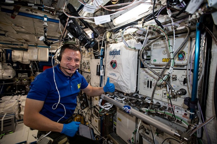 NASA astronaut Andrew Morgan works with the BioFabrication Facility