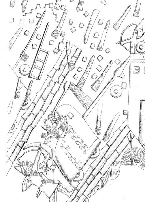 A small segment of the Assyrian siege ramps on the Lachish relief uncovered in the palace of Sennacherib. Note the siege engine with its wheels on a paved road. Drawing by Judith Dekel..tif