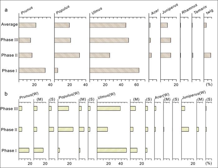 Changes in the charcoal assemblage and tree-ring curvature in Phase I (8700–8000 yr BP), Phase II (8000–7600 yr BP), and Phase III (7450–7000 yr BP).