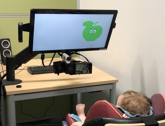 A Baby is watching a figure.