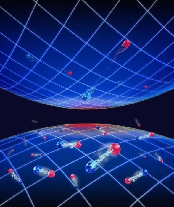 The image depicts the single-particle spectral function measured above the critical temperature (Tc) through an artistic representation.