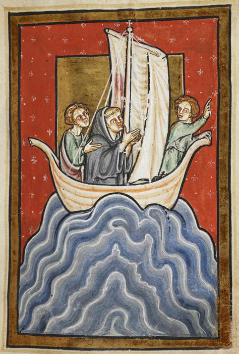 A medieval English saint in a boat at sea