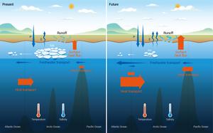 Changes in heat and freshwater budgets of the Arctic Ocean in a warming climate.