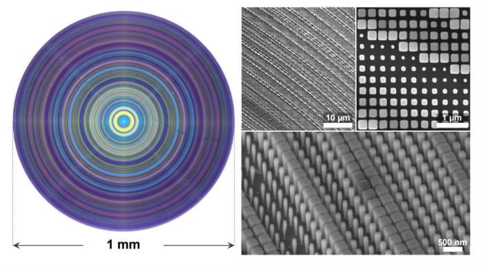 Optical microscope image and scanning electron microscope images of the meta-optic.