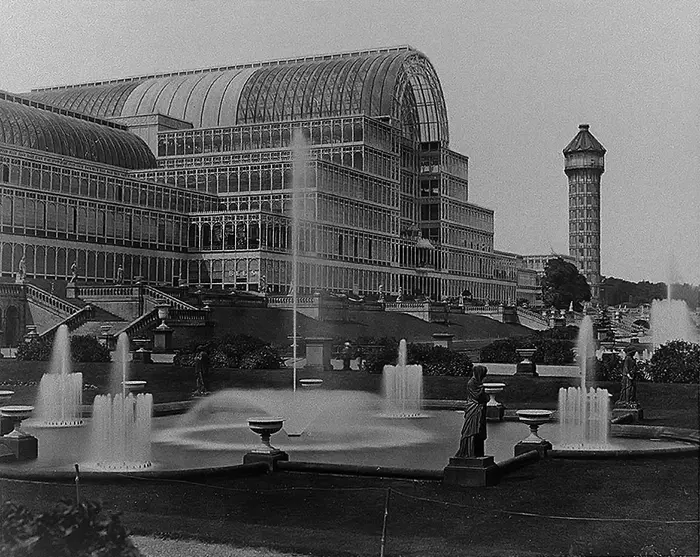 The Crystal Palace and water tower in London, 1854