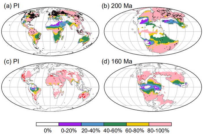 Comparison of locations of coals and evaporites with the predicted areas using simulated temperature and precipitation.