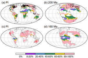 Comparison of locations of coals and evaporites with the predicted areas using simulated temperature and precipitation.