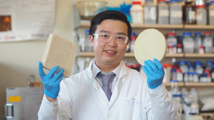 UBC postdoctoral fellow Dr. Yeling Zhu shows samples of the biodegradable foam