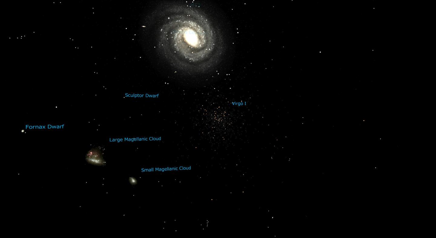  ・衛星銀河 Virgo I の位置関係などを示した動画の一部をキャプチャした静 止画像