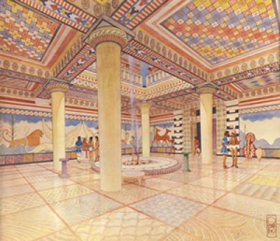 Watercolor Reconstruction of the Pylos Throne Room by Piet de Jong