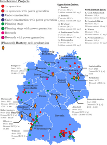 Geothermal power plants with lithium concentrations and flow rates and planned battery cell production facilities in Germany.