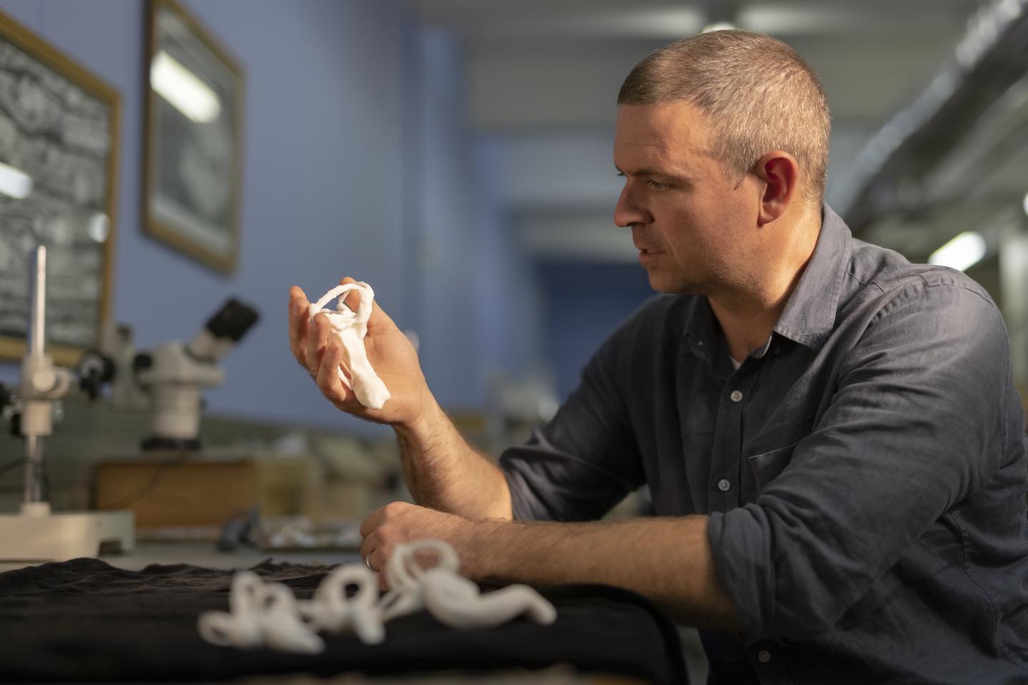 Prof. Jonah Choiniere holding a 3D printed model of the lagena of Shuvuuia deserti