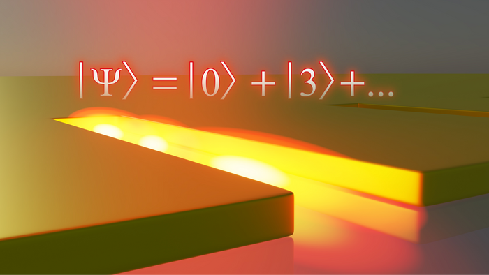 Cartoon of the slit-shaped nanostructure in gold with quantum state highlighted.