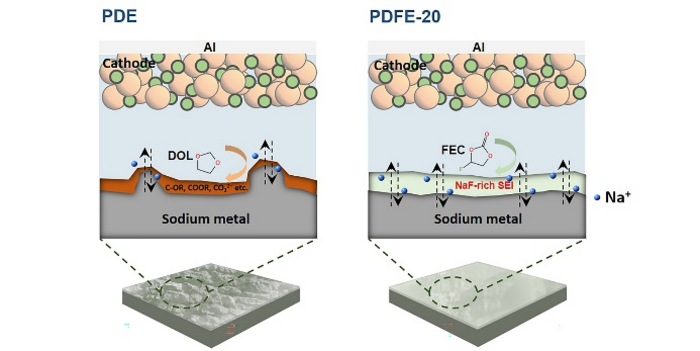 Stable sodium anodes for sodium metal batteries (SMBs) enabled by in-situ formed quasi solid-state polymer electrolyte.