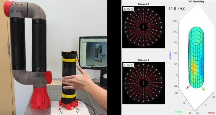 Figure 1. (Left) Robot equipped with TacLINK. (Right) Stereo images and reconstructed 3D deformation of the artificial skin